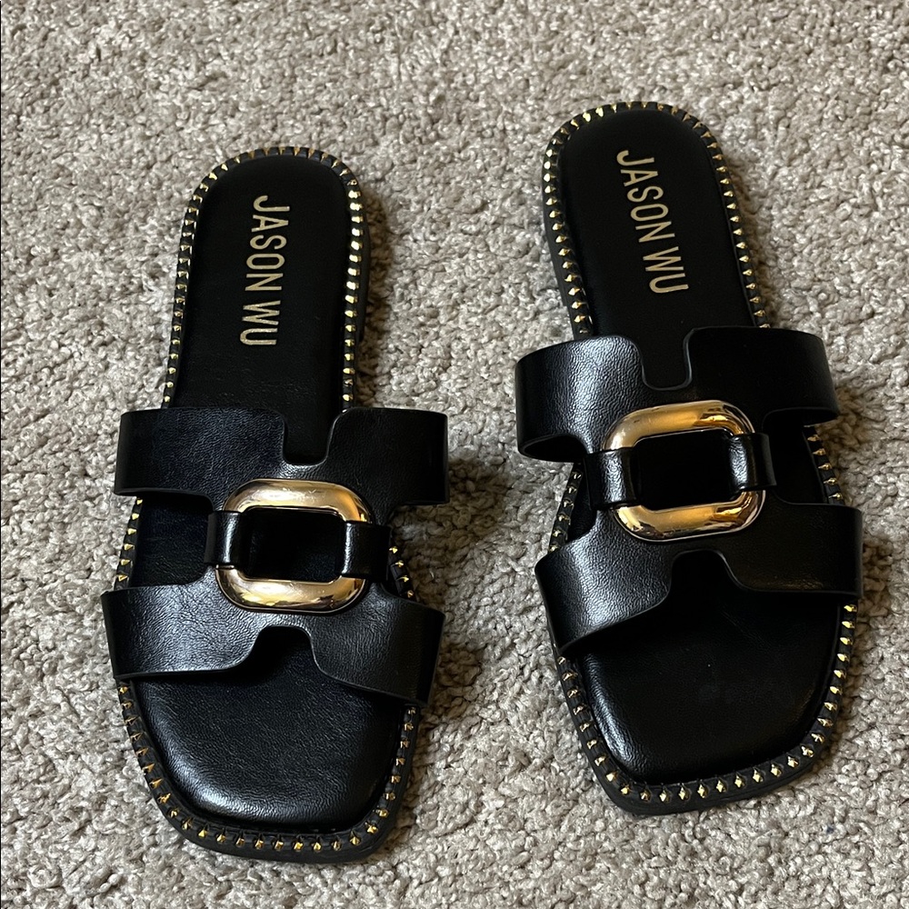 Jason Wu Danis Black Leather Slide Sandals Size 6.5 Gold Studs NWOB
